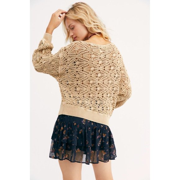 NEW Free People Bittersweet Brown Off Shoulder Crochet Sweater Open Knit - Large - Picture 4 of 6